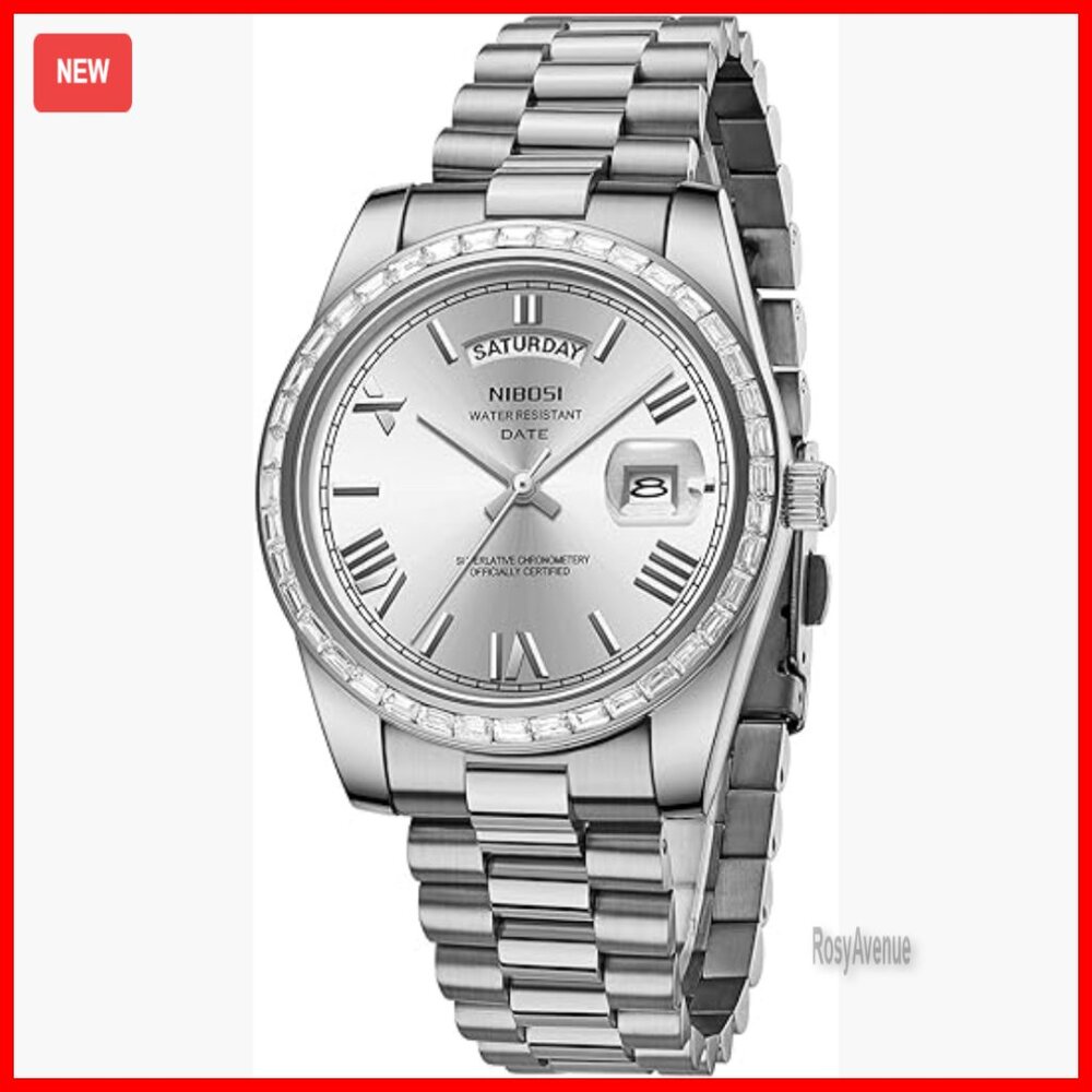 Mens Stainless Steel Dress Watch With Diamond Bezel Water Resistant